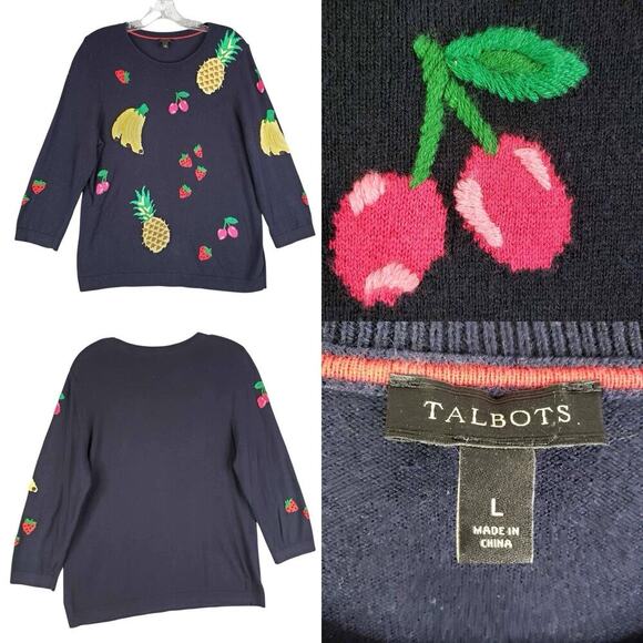 Talbots Sweater Women's Size Large L Navy Blue Fruit Knit Pullover LS - Picture 1 of 9